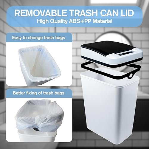 Miniatura 4 de Basurero de baño de 2.7 galones con sensor de movimiento con tapa, bote de basura inteligente blanco delgado, impermeable, sin contacto, para baño,