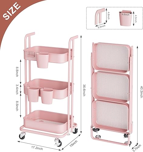 Miniatura 6 de DTK Carrito plegable de 3 niveles, carrito utilitario de metal con ruedas bloqueables, carrito de almacenamiento plegable para sala de estar,