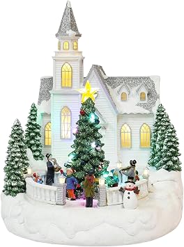 MOMENTS IN TIME Lighted Musical Christmas Church with Animated Carolers 13.5 LED Holiday Village Building Plays 8 Classic Christmas Songs Adapter Powered Decor Piece
