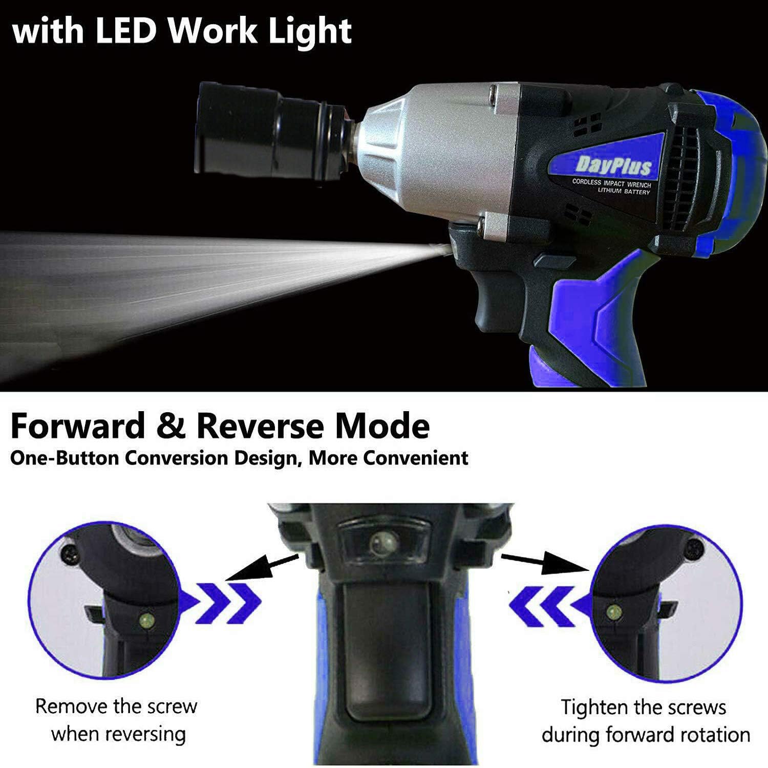 Impact Wrench Electric Cordless 18V 420Nm 3200rpm Variable Speed High Torque Wrench Set 1/2" Driver with Rechargeable 6000mAh Li-ion Battery LED Work Light 4 Sockets (14 17 19 22 mm) - 2 Battery