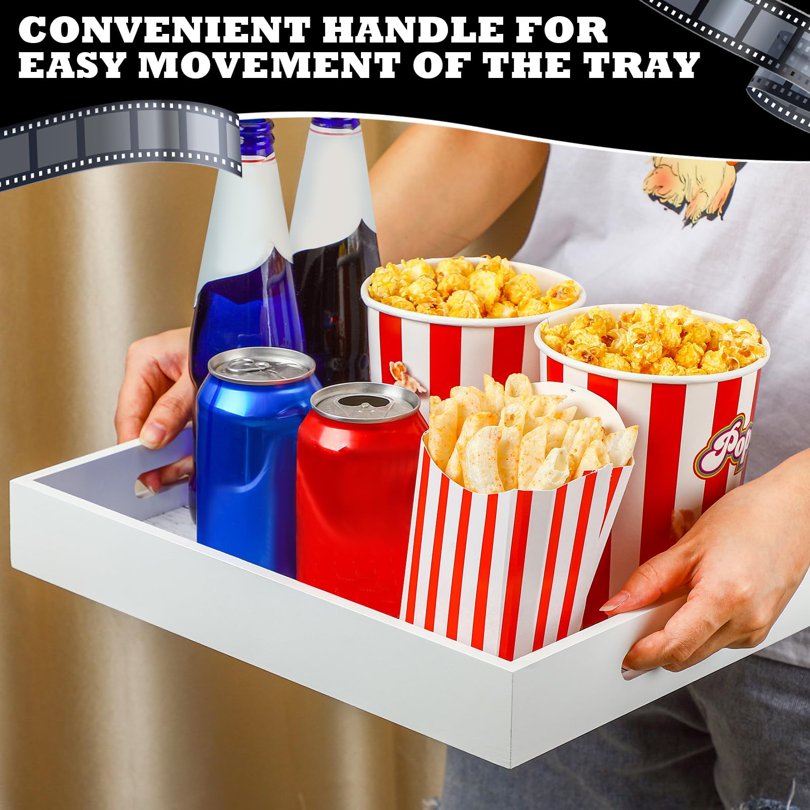 Teenyyou Bandeja de servir de noche de cine con asas, caja de almacenamiento de aperitivos de madera para bandeja de almacenamiento de encimera, cesta de almacenamiento para el hogar, patatas fritas,