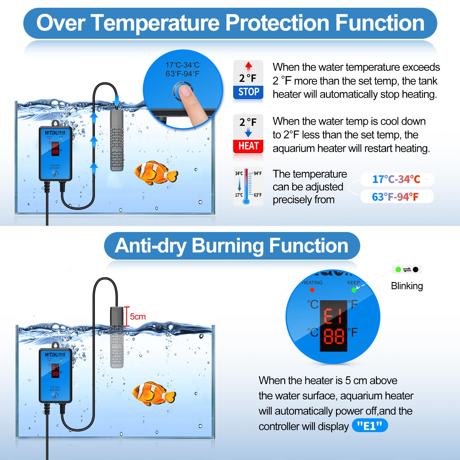 HiTauing Chauffage d'aquarium, chauffage d'aquarium amélioré de 100 W avec arrêt automatique du chauffage et système de contrôle de la température avancé, adapté pour l'eau salée et l'eau douce