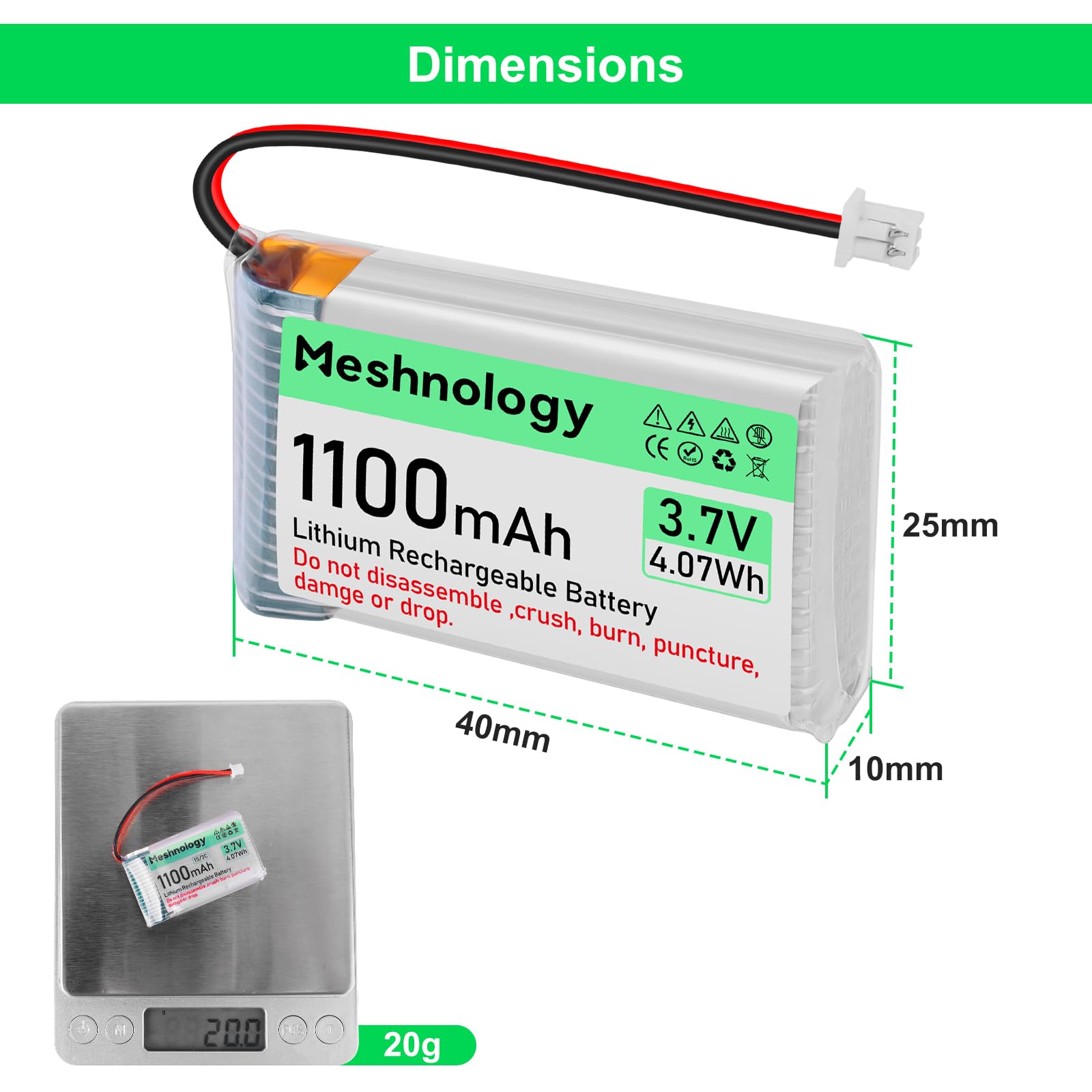 Lot de 4 batteries LiPo 3,7 V 1100 mAh avec câble de charge USB 102540 1S avec panneau de protection, ruban en caoutchouc isolé et prise micro JST 1,25 pour Arduino ESP32 Module Board Drone