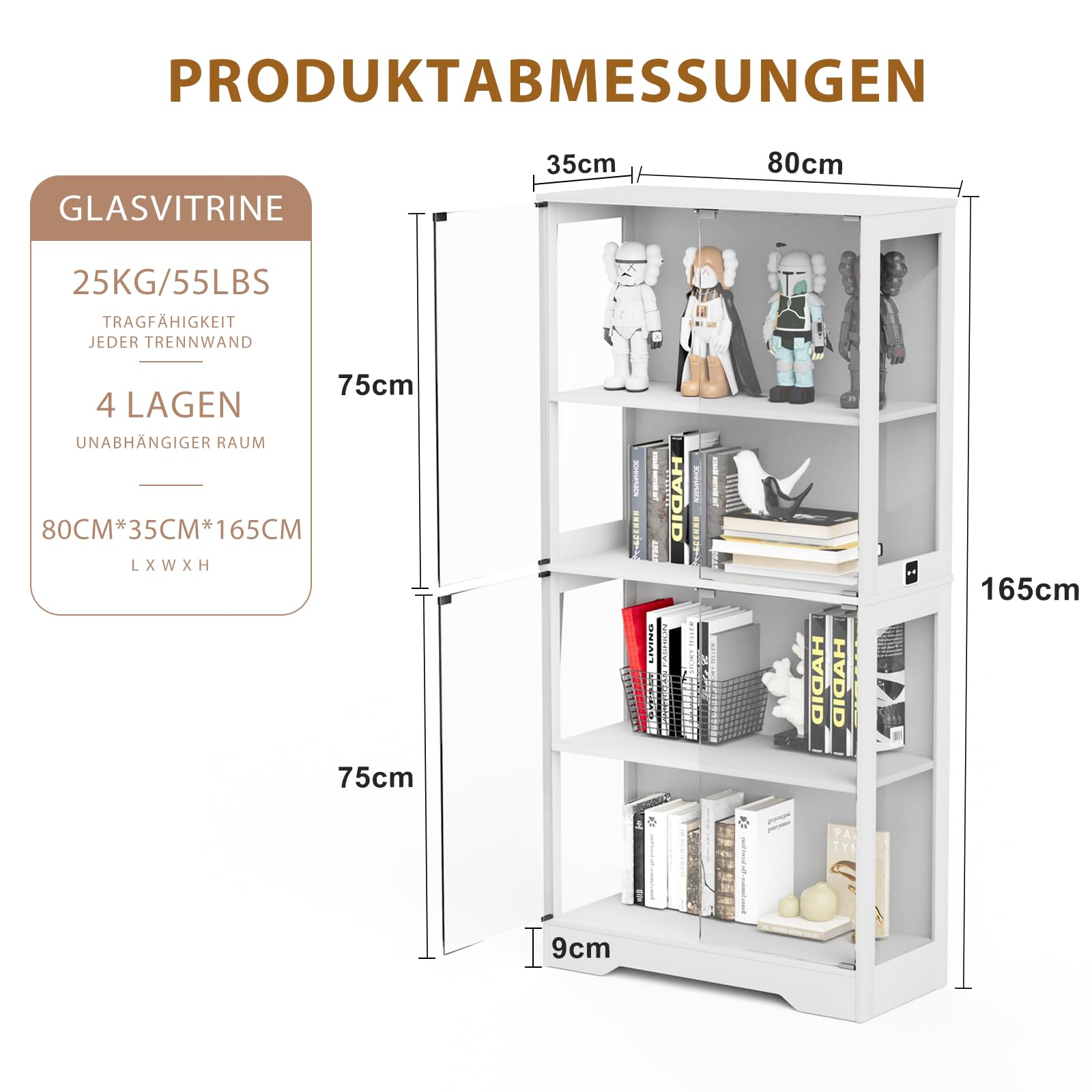 Vitrina de cristal con iluminación LED y sensor inteligente, vitrina de 4 capas, vitrina coleccionable para salón, dormitorio, oficina, blanco, 80 x 35 x 165 cm