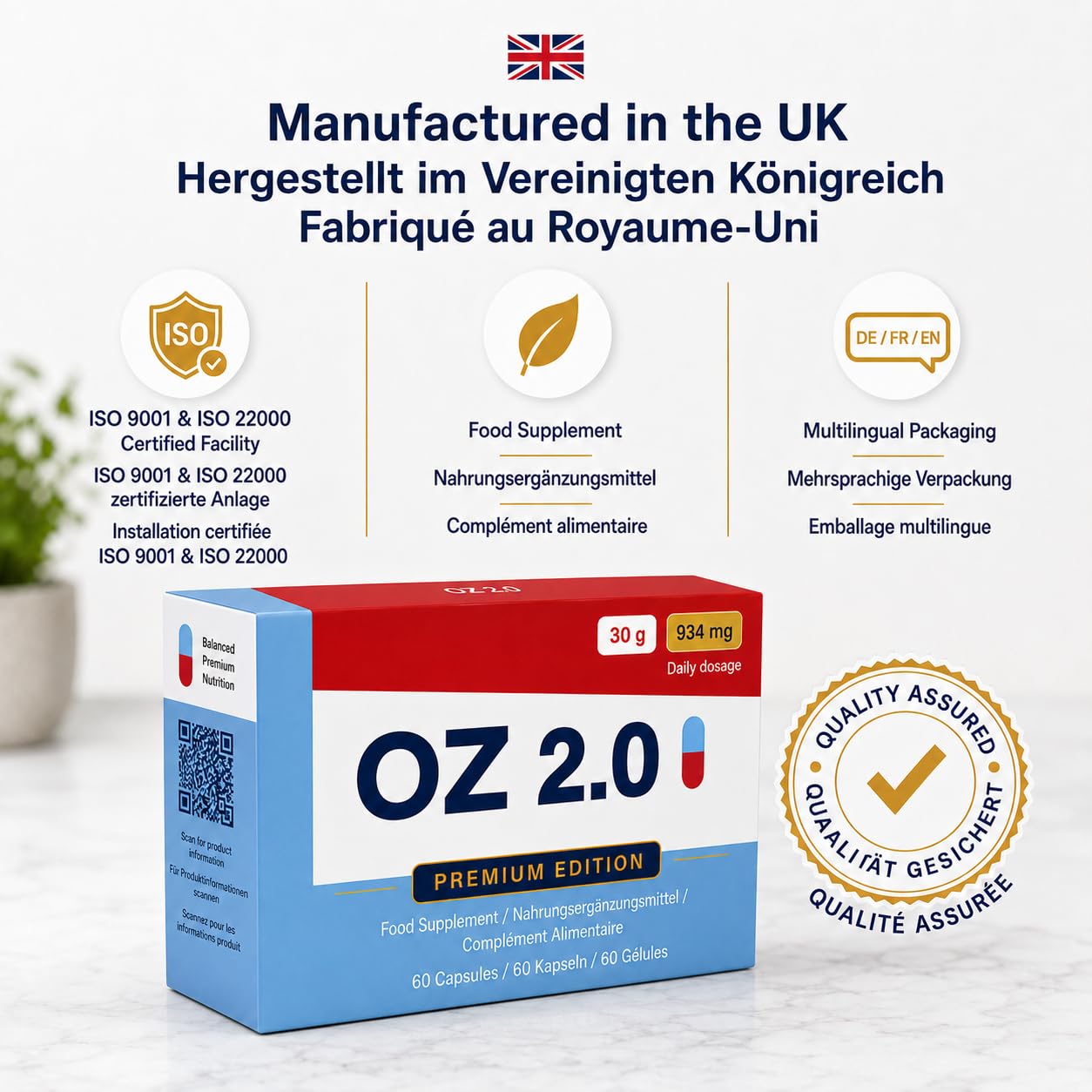 OZ 2.0 Premium Complément Alimentaire + Zinc, Chrome, Vinaigre de Cidre, L-Carnitine, Matcha et Spiruline – 60 Gélules