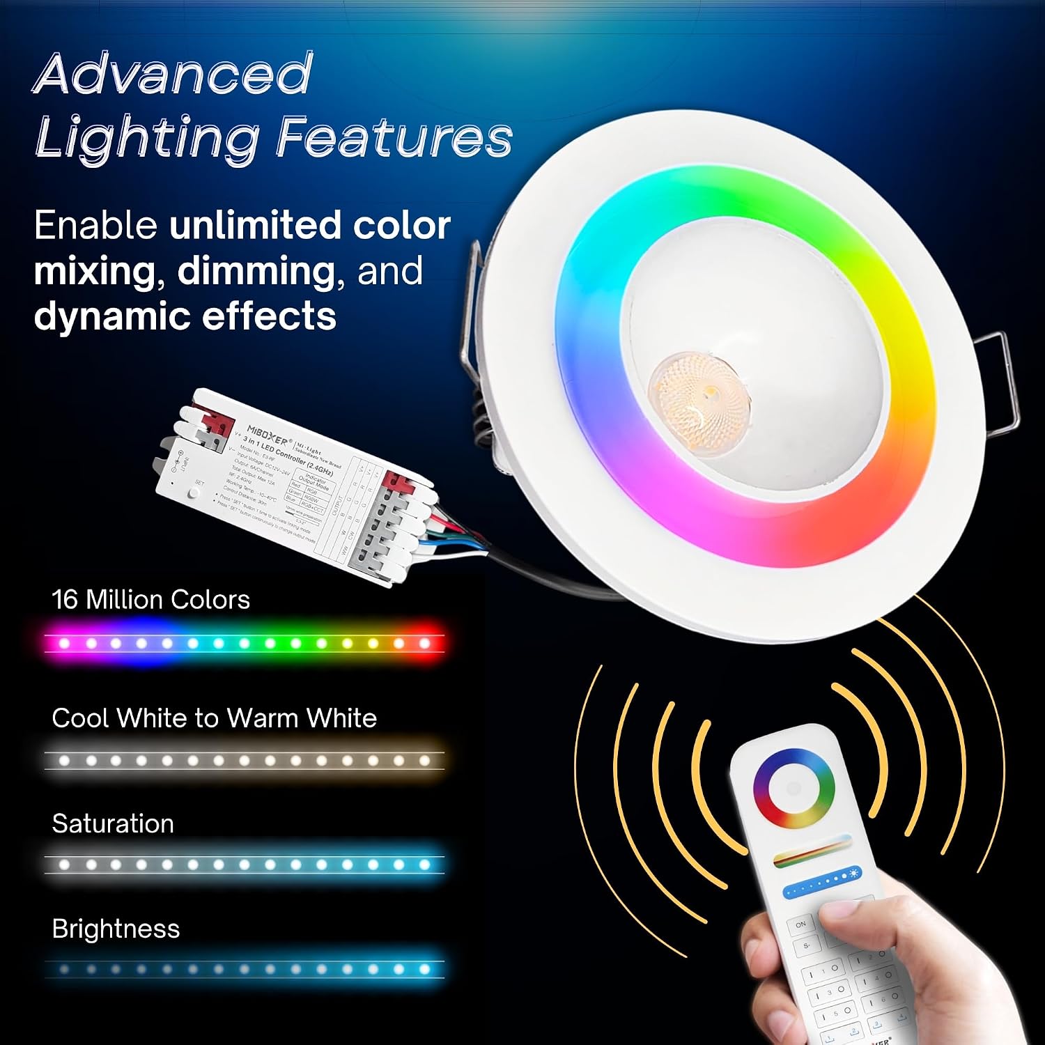 Pactrade Marine RGBW LED Recessed Downlight - 3-Inch Light+Remote Kit - Dual Function White Light & Color Changing Ring (5-Wire) - Dimmable Interior Boat Lights, Marine-RV Ready 12V