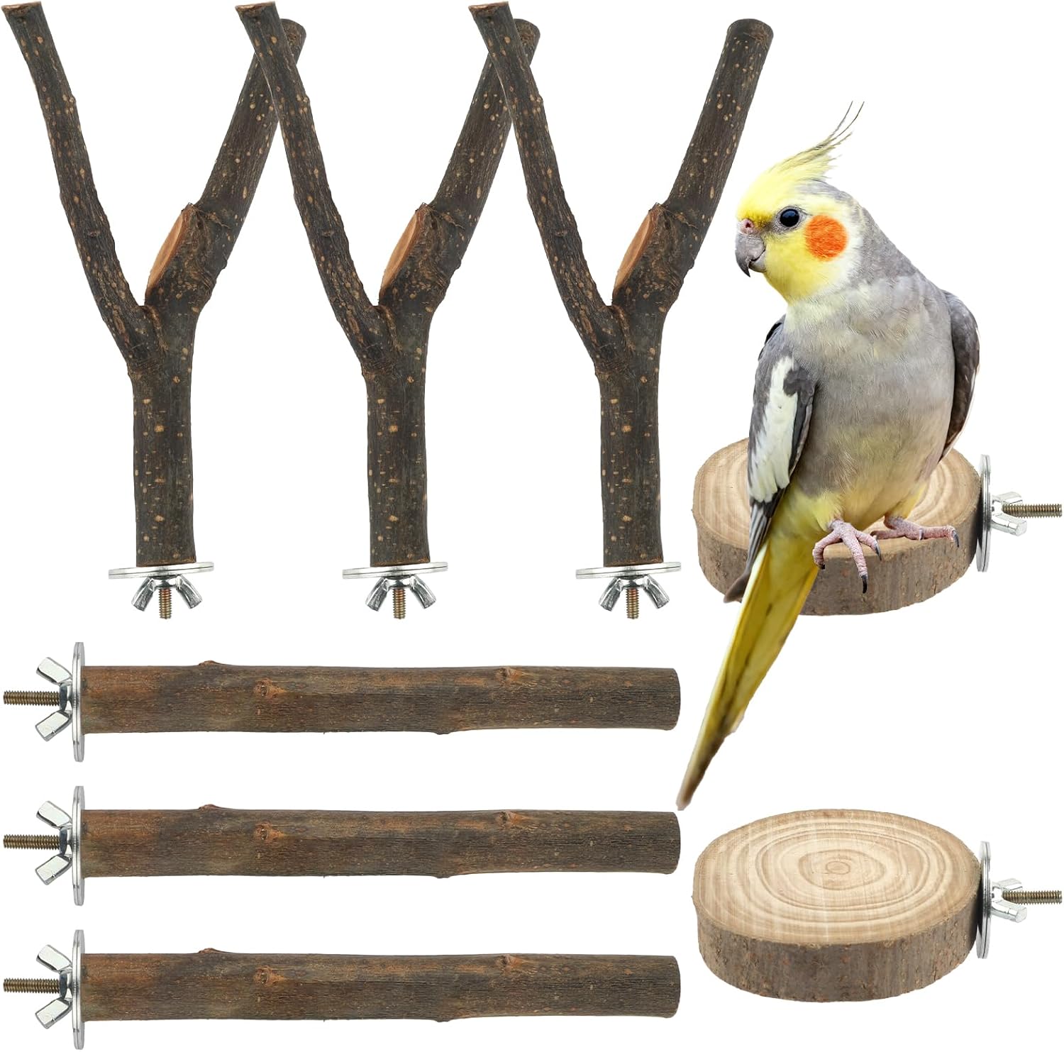 Mkobon 8-Pack Natural Wood Bird Perches for Cages - Chew-Safe Branches & Platforms for Parakeets, Cockatiels, Conures, Lovebirds