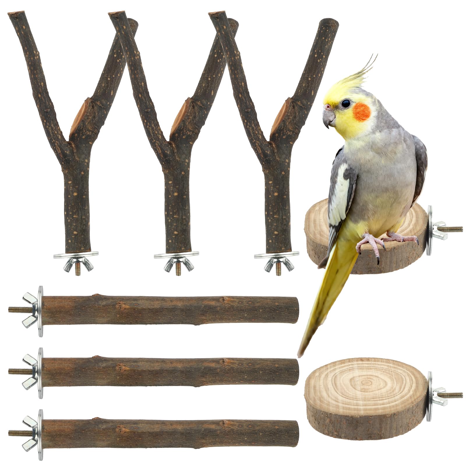8 PCS Bird Perches for Cage, Natural Wood Parrot Perch Stand, Multi-Branch Platform with Fork Toys, Birds Cage Accessories for Parakeet Cockatiel Budgie Conures Lovebirds