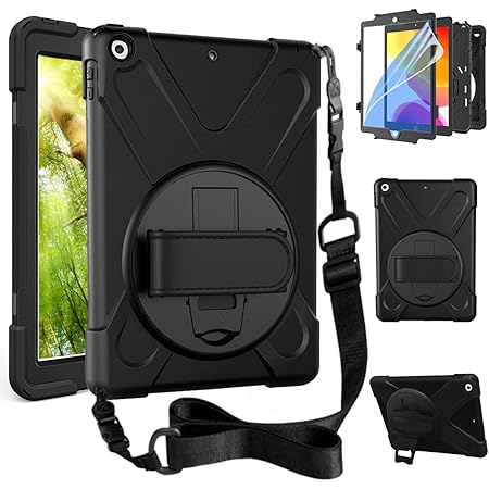 ZenRich New iPad 10.2 Case, iPad 9th/8th7th Generation Case with Screen Protector Rotatable Kickstand/Hand Strap and Shoulder Strap,zenrich Shockproof Case for iPad 10.2 inch 2021/2020/2019, Black