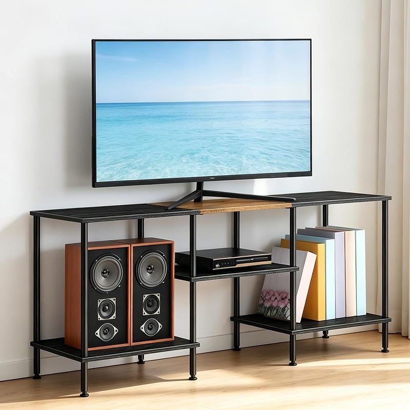 Black TV Stand for 50 inch TV Small Entertainment Center | Farmhouse TV Console Table for Living Room, Bedroom, Suitable for 50 43 40 32 inch TV, Open Storage Shelves, Adjustable Feet