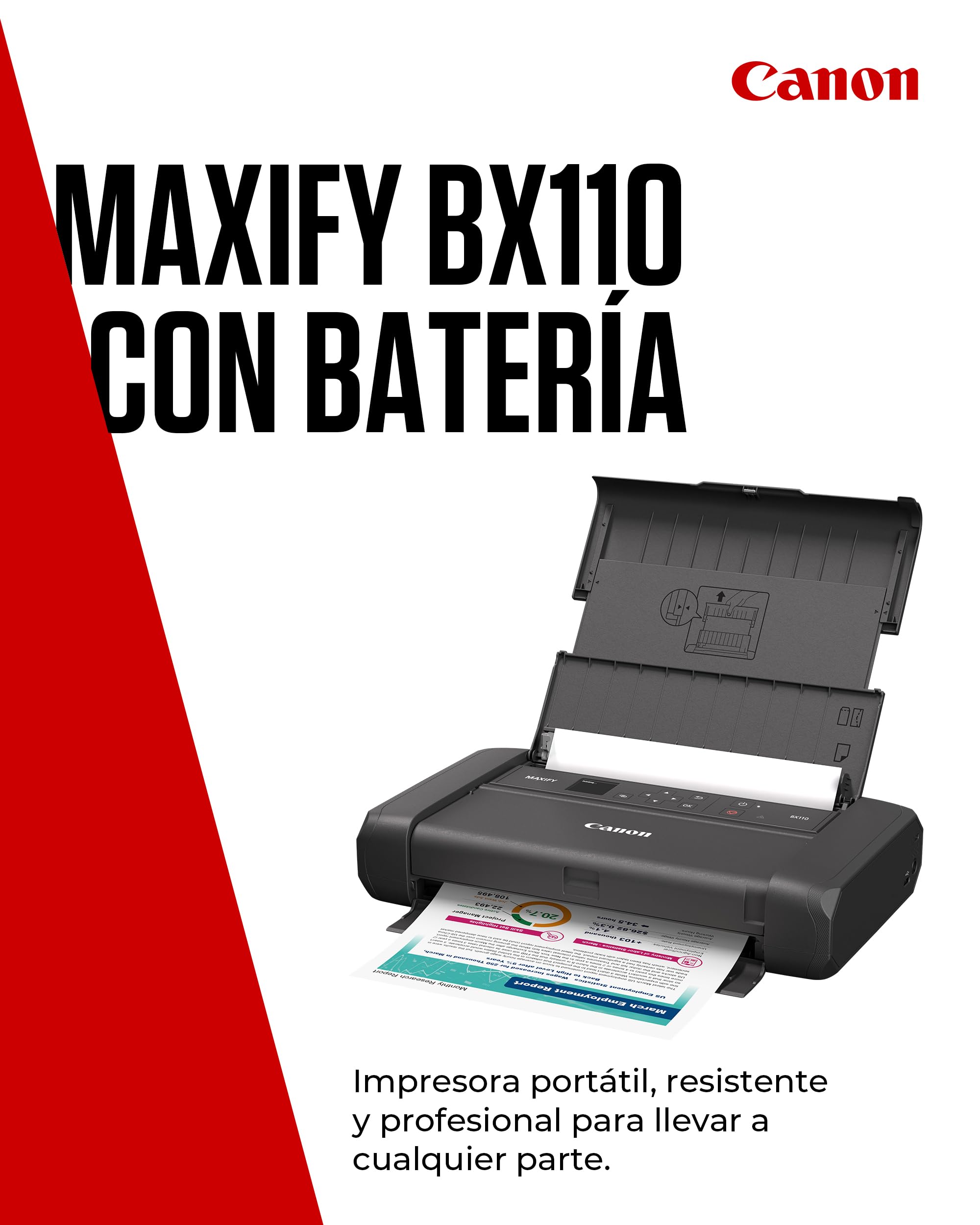 Canon MAXIFY BX110 Impresora Pequeña Inalámbrica - Batería Recargable - Imprime hasta A4 Desde Ordenador, Smartphone | Ideal para Teletrabajo y Viajes
