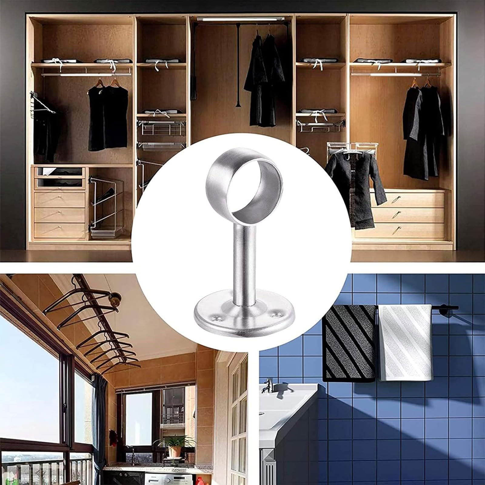 4 Staffe Per Asta Armadio In Acciaio Inox Nero A Forma Di U - Supporti Per Tubi Da 32 Mm Con Viti E Regolatori - 3