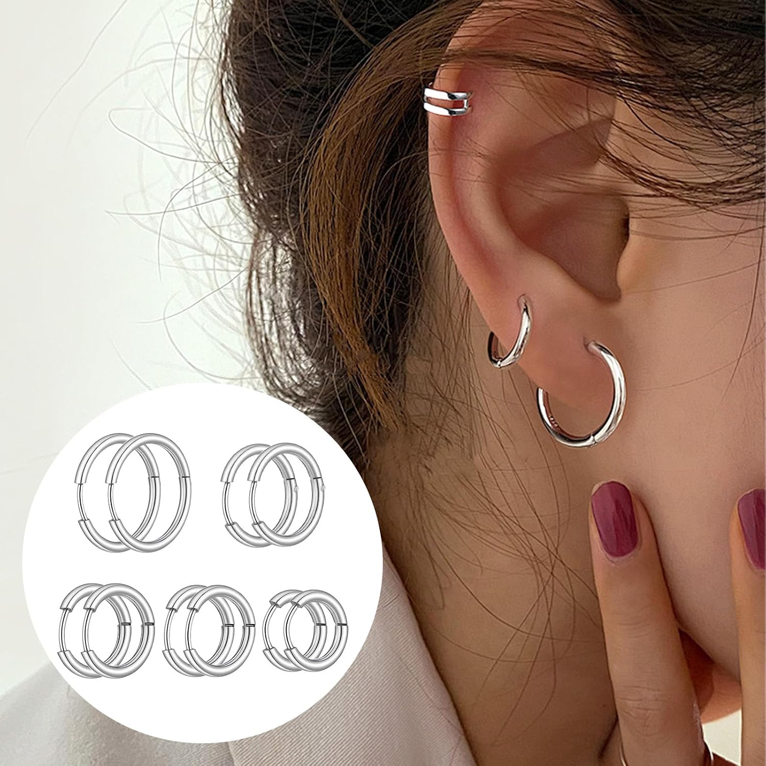 JJUNW 5 Pairs Hoop Earrings for Men, 316L Surgical Steel Small Silver Hoop Earrings Set Sensitive Skin Safe Piercings Cartilage Earring Hoops, 8mm 10mm 12mm 14mm 16mm
