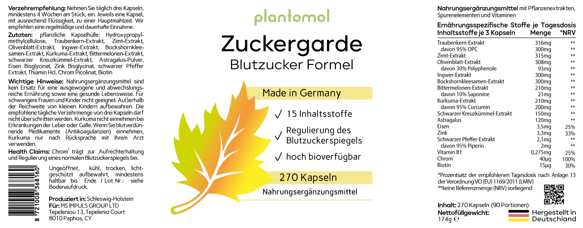 15-fach Blutzucker Komplex mit Kurkuma Olivenblatt OPC Bittermelone schwarzer Kreuzkümmel & Chrom - 3 Monatsvorrat Blutzucker Kapseln - Zuckergarde