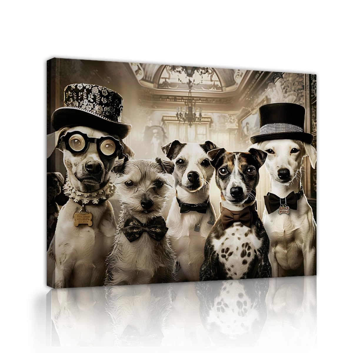 YUNART Dogs Wearing Glasses Canvas Wall Art Vintage Ballroom Pet Portrait Framed Canvas Painting Forboy Girl Room Bathroom Nursery Décor 80x105cm Innerframe