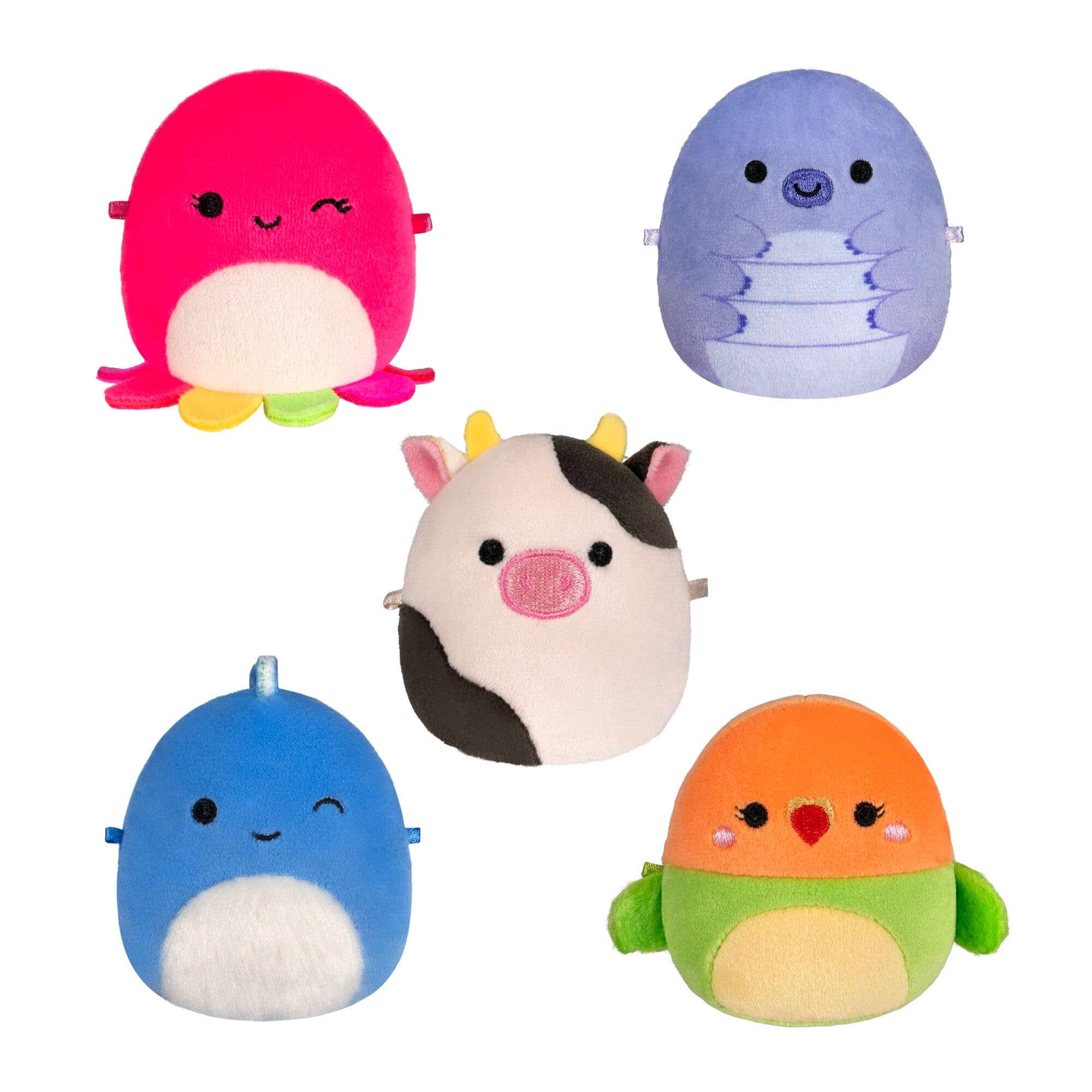 Squishmallows Original Micromallows Plush 5-Pack - Bear, Cow, Dinosaur, Love Bird & Octopus 2.5-Inch Plush