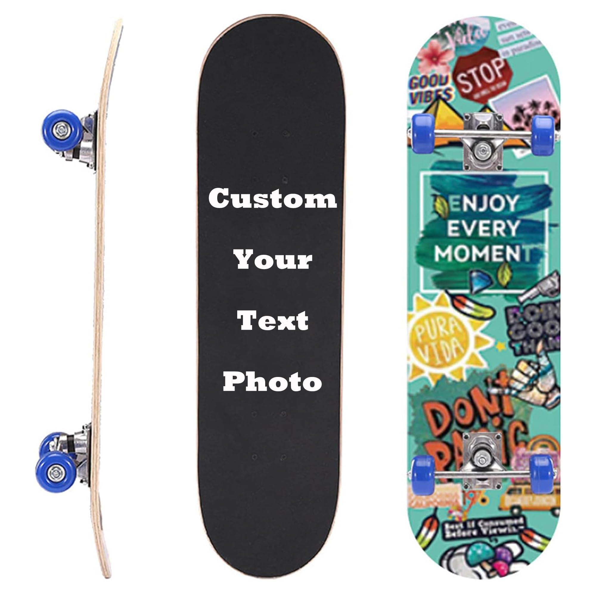 Skateboard personnalisé de 78,7 x 20,3 cm pour débutants et professionnels, skateboard complet personnalisé avec 7 à 9 couches en bois d'érable double kick concave decave, roues en polyuréthane