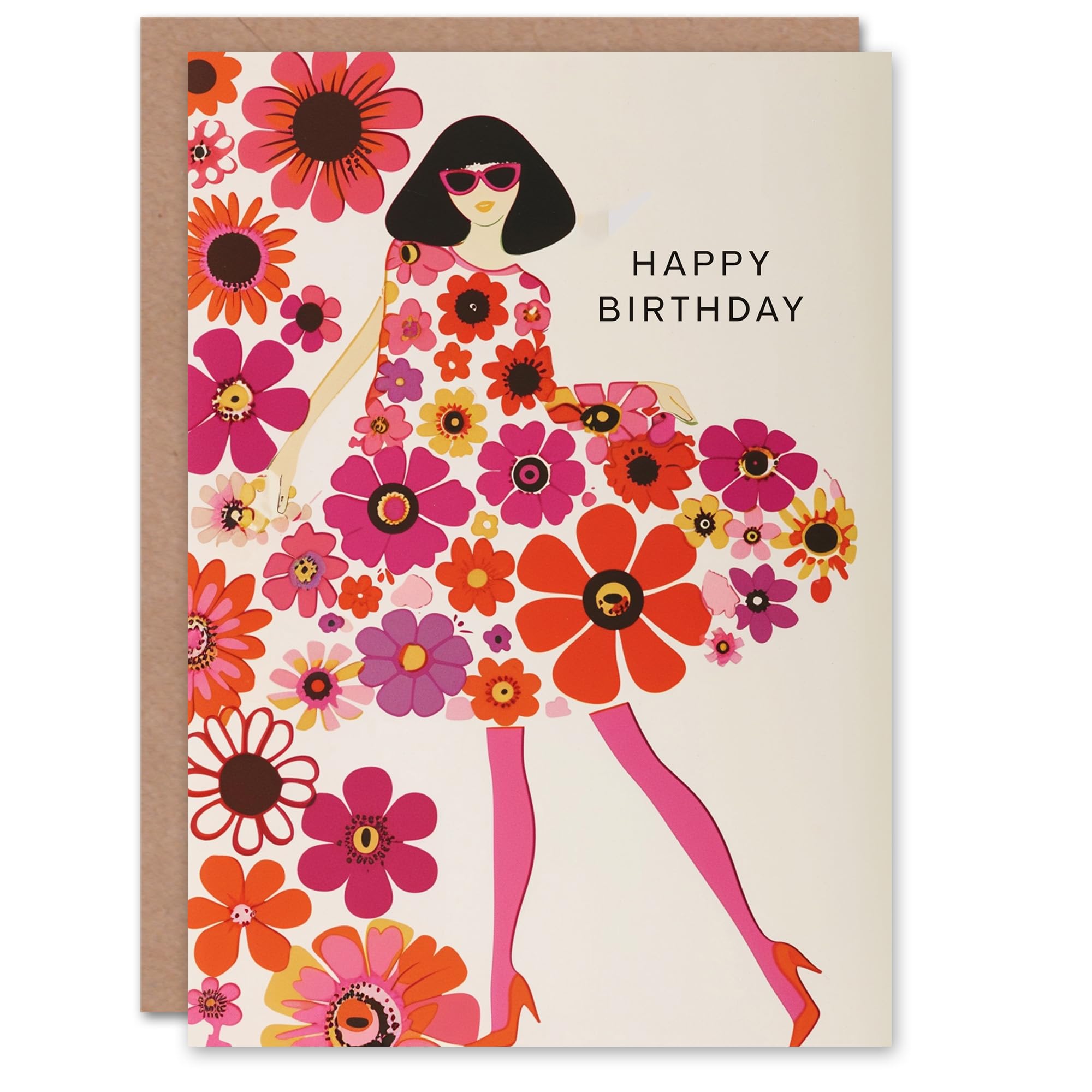 Artery8 Women's Birthday Card Flower Power Retro Pink Pattern Greeting Card