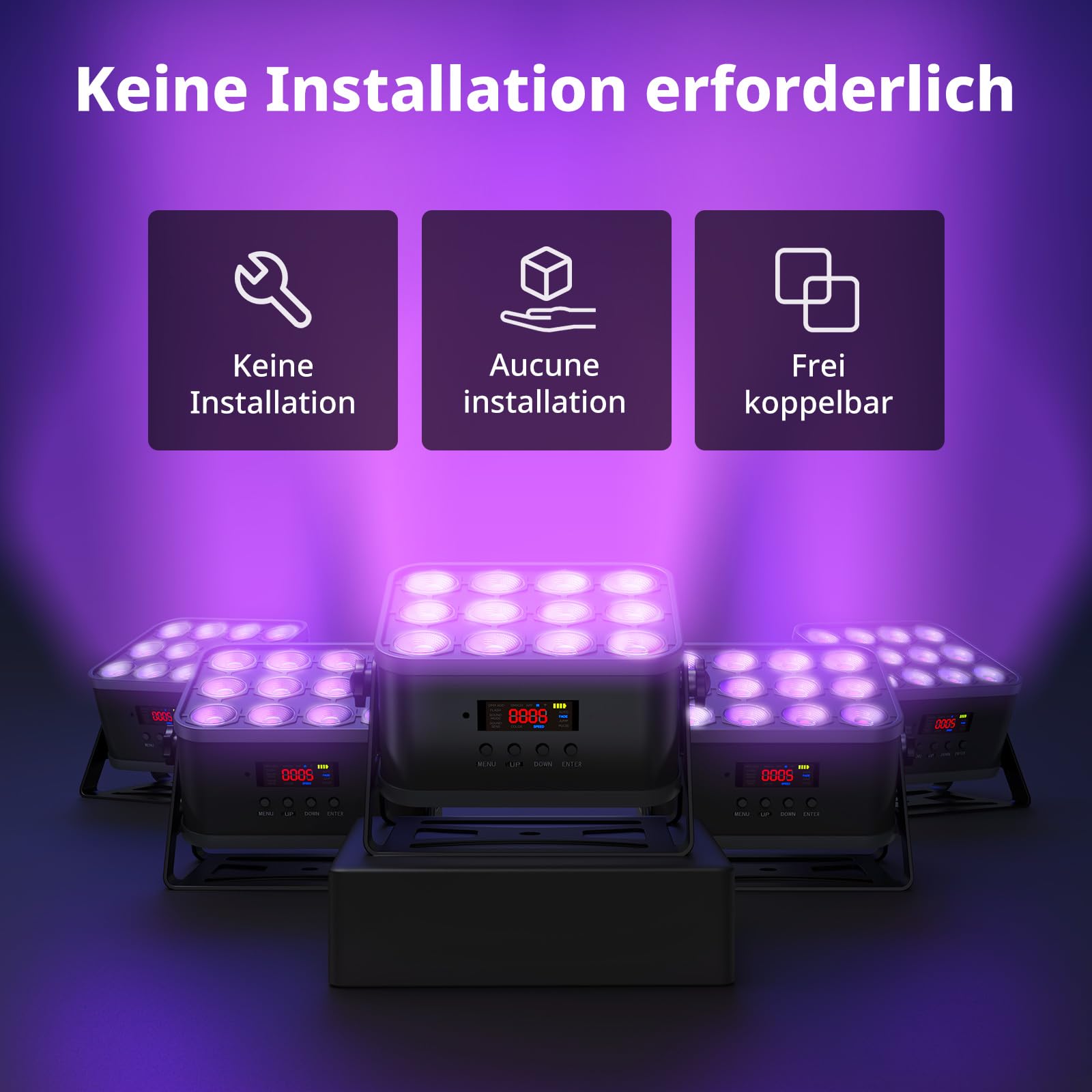 KeoBin 12x16W APP Par Licht | 6 in 1 RGBWA+UV | Wiederaufladbarer Batterie | Intelligente APP-Steuerung | 8 Stunden Laufzeit | Fernbedienung/Geräuschsteuerung/DMX512 | frei kombinierbare Lichtmodi