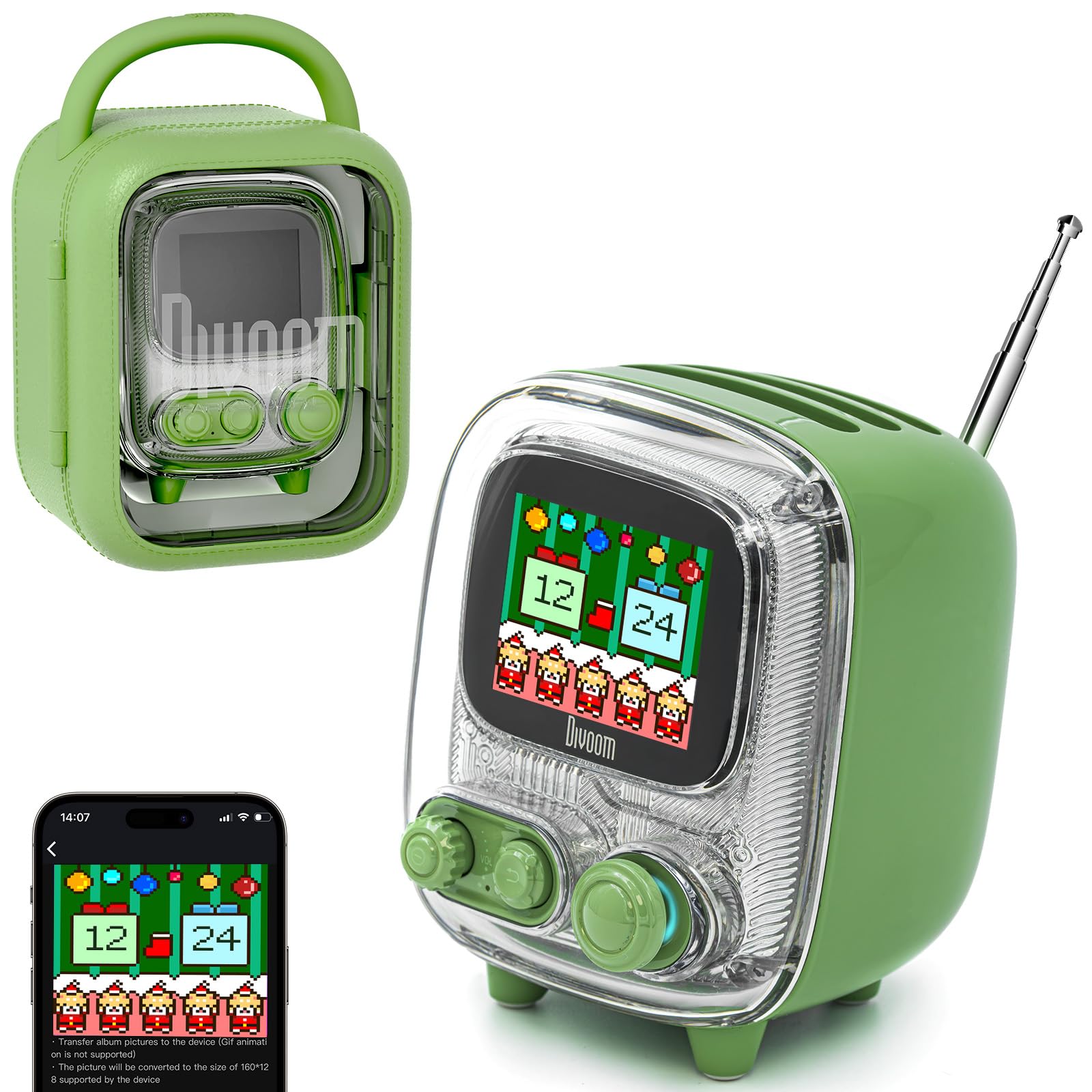 Divoom Tiivoo-2 Portable Bluetooth Speaker with FM Radio,Pixel Art Retro Mini Small Cute Wireless Speaker,Vintage Decor Suitable for Party Office Desk Home Bedroom Kitchen,Gifts for Women Men,Green