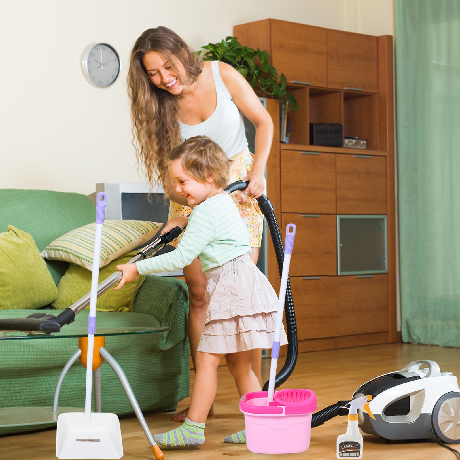 Juego de Limpieza Infantil 12 Piezas para Pequeños, Recogedor de Basura y Escoba de Plástico Rosa, Juguetes Interactivos para Mejorar Coordinación y Juego de rol Doméstico
