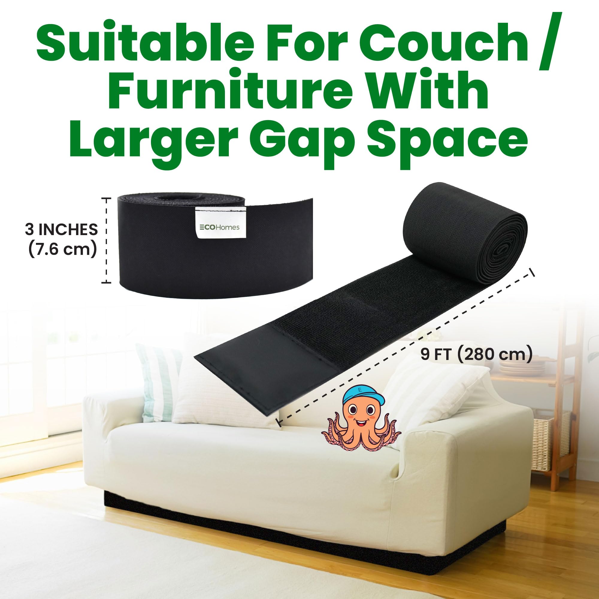 ECOHomes Under Couch Guards Toy Blocker - Elastic Strap Barrier for Under Sofa, Bed & Furniture Bottom Stop Things from Going Under | Easy to Install Gap Bumper Stopper for Toys (9 Ft by 3 Inch)