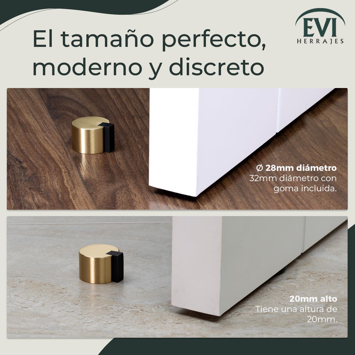 EVI Herrajes| Tope para Puerta de Suelo Adhesivo | Ø28x20mm| Latón con Goma Protectora| Para Interior y Exterior | Protector de Puerta| Mod. I-04019328LMT