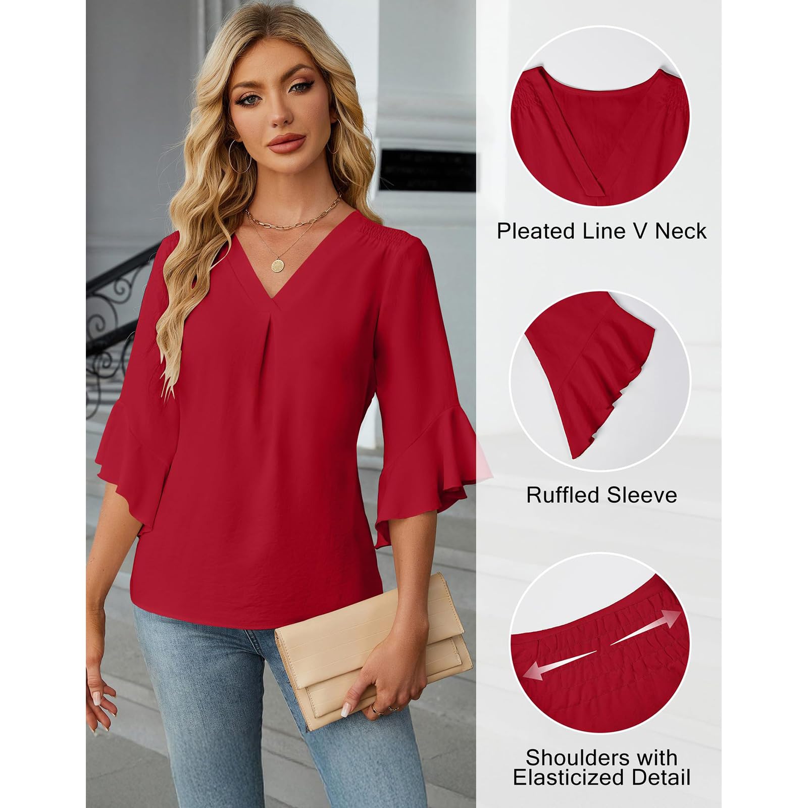 Elegante blusa de manga con volantes de tres cuartos de longitud y cuello en V, ligera y elegante para el trabajo y el ocio, camiseta femenina