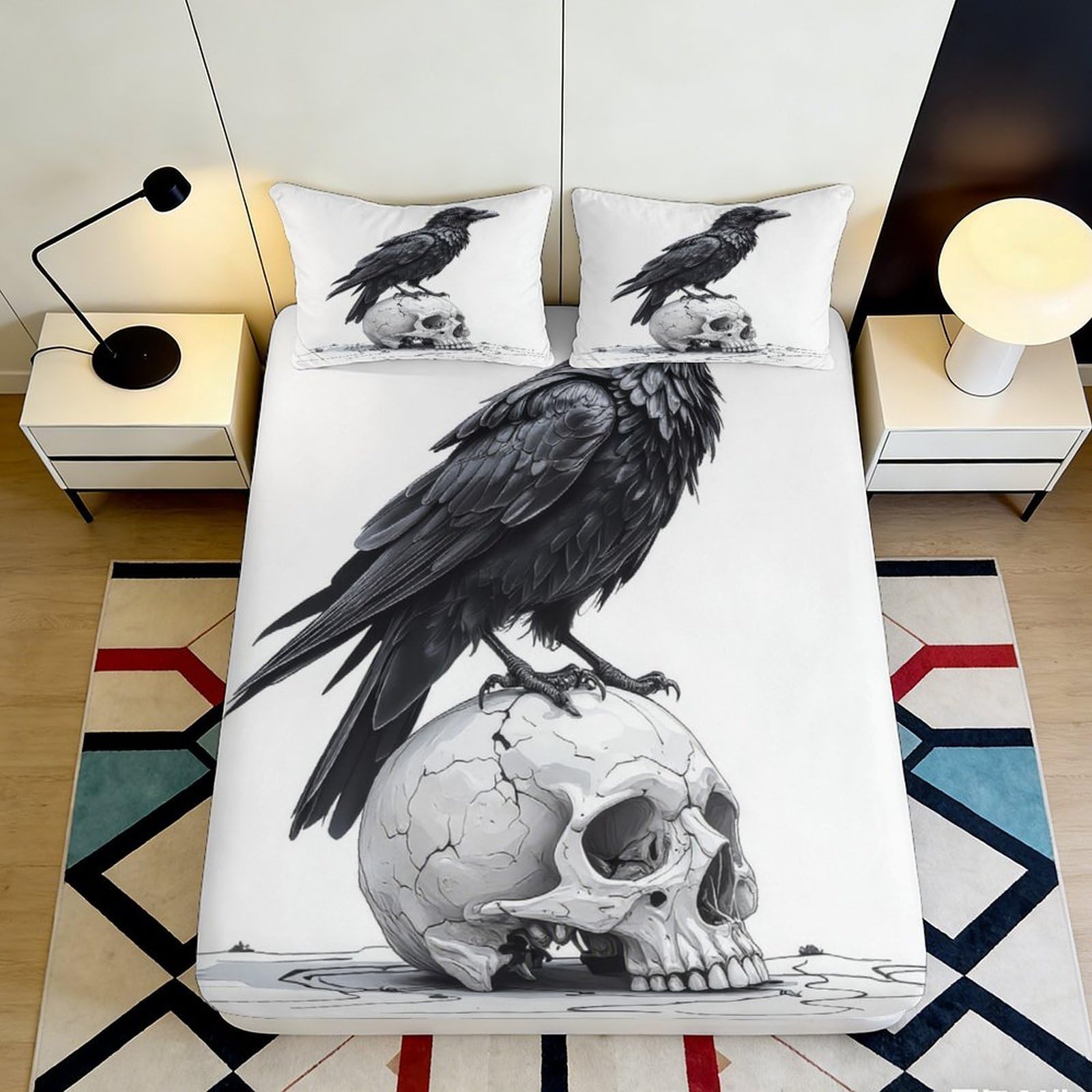 3D Printed Raven Skull Fitted Sheet Microfiber Non-slip Bed Cover Gothic Bedroom Decor Protection Easy Care 160x200x25cm