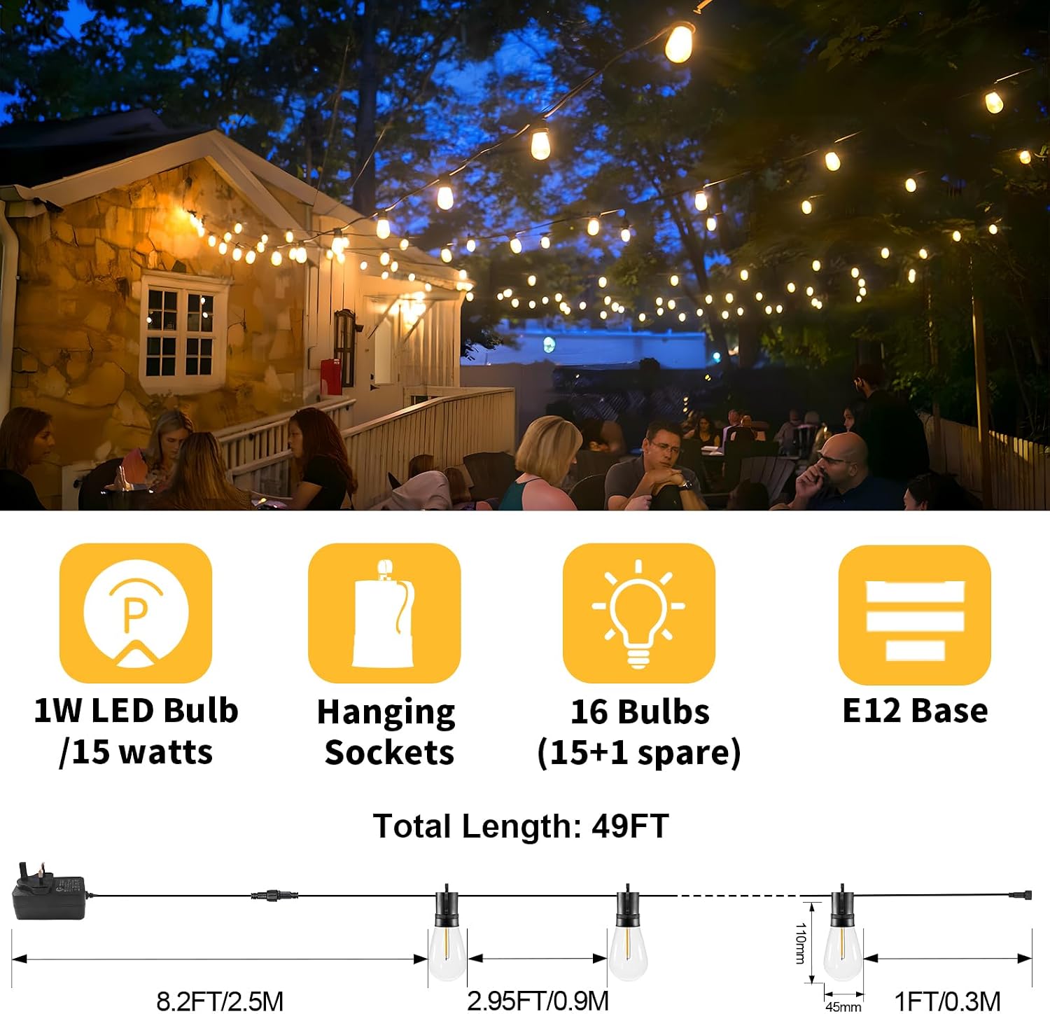 15M LED Outdoor String Lights Patio Dimmable Hanging Light with Remote, Waterproof Shatterproof Edison Bulbs, 3 Modes Outside Lighting Connectable for Graden Porch Backyard Balcony Deck