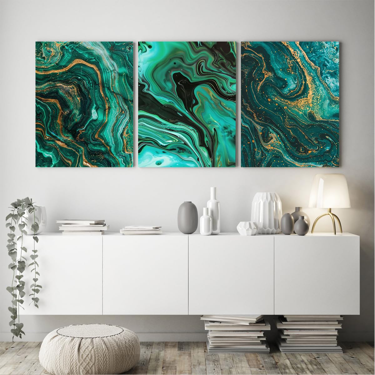 Verde esmeralda y oro arte mural abstracto decoración salón 40x60cmx3