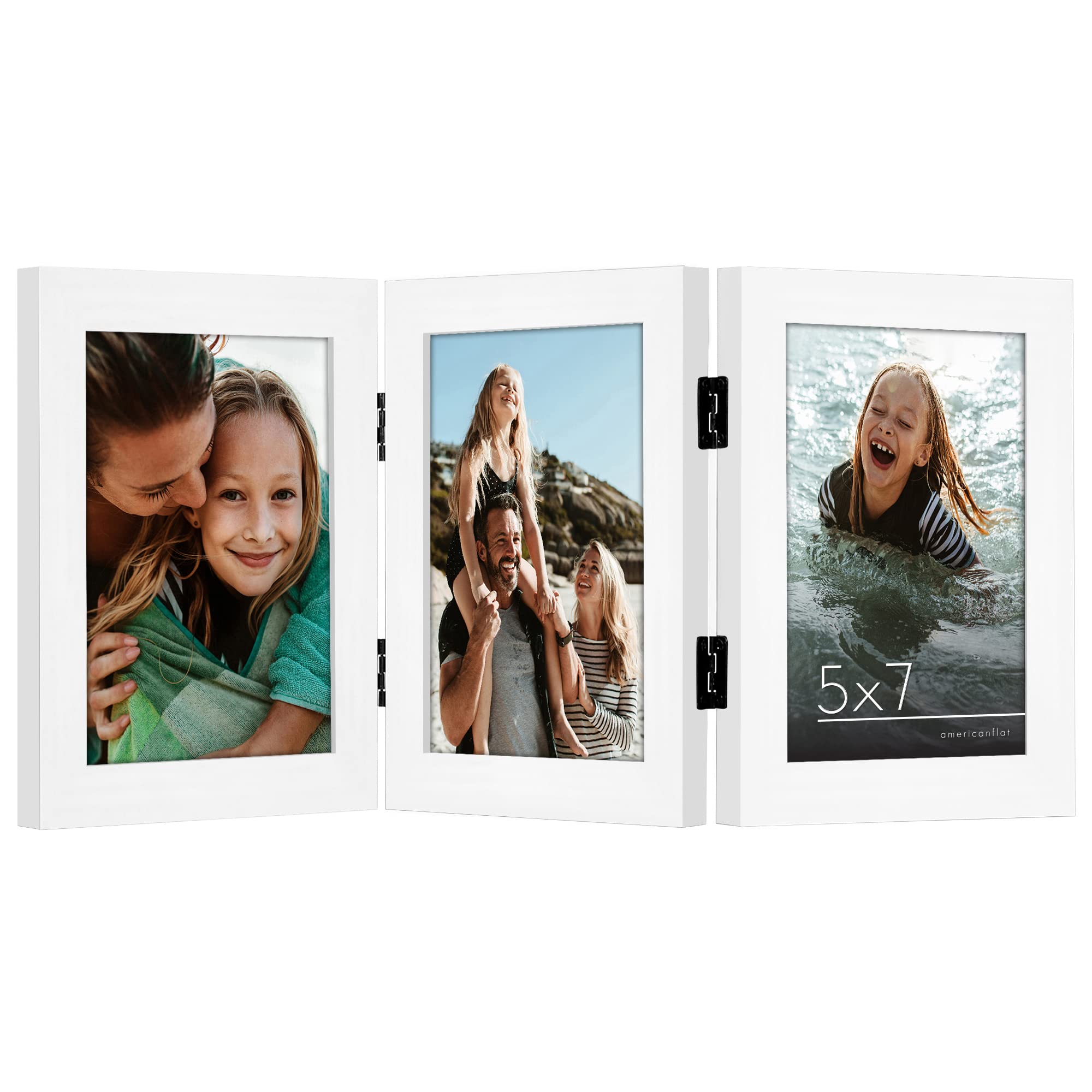Americanflat Hinged 3 Picture Frame 5x7 with Shatter-Resistant Glass - Signature Collection - Foldable Picture Frame for Tabletop Display - White