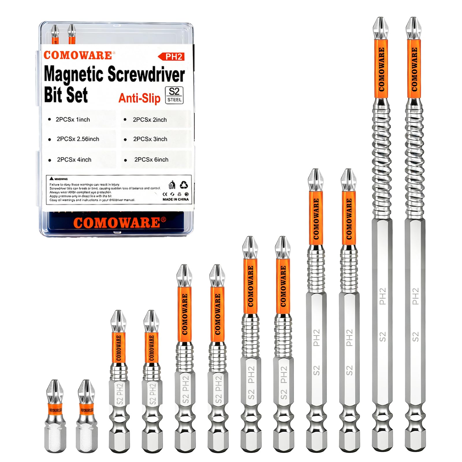 COMOWARE High Magnetic Screwdriver Drill Bit Set, 12PCS, #2 Anti-Slip Long Phillips Bits, S2 Steel, Chrome Plated for Rust Resistance, 1–6" Magnetic Impact Bits for Power Drill