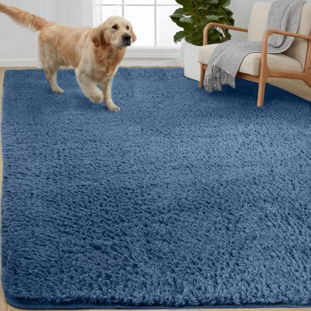 Gorilla Grip Soft Faux Fur Area Rug, Washable, Shed and Fade Resistant, Grip Dots Underside, Fluffy Shag Indoor Bedroom Rugs, Easy Clean, for Living Room Floor, Nursery Carpets, 7.5×10 FT, Blue