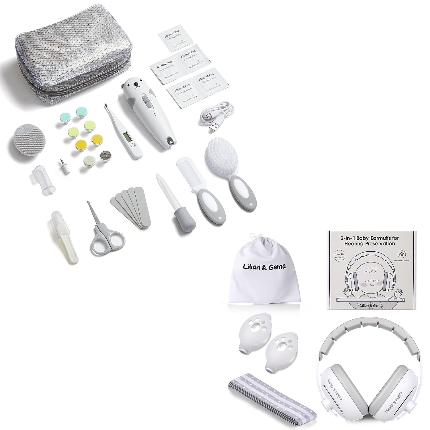 Lilian&Gema Baby Healthcare and Grooming Kit & 2-in-1 White Baby Ear Muffs Noise Protection