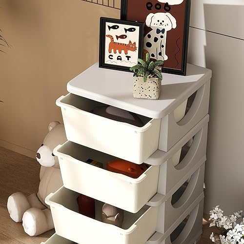 Miniatura 8 de Qaba Unidad de almacenamiento de 4 niveles para niños, organizadores de juguetes y almacenamiento con cómoda de 4 cajones para dormitorio de niños,