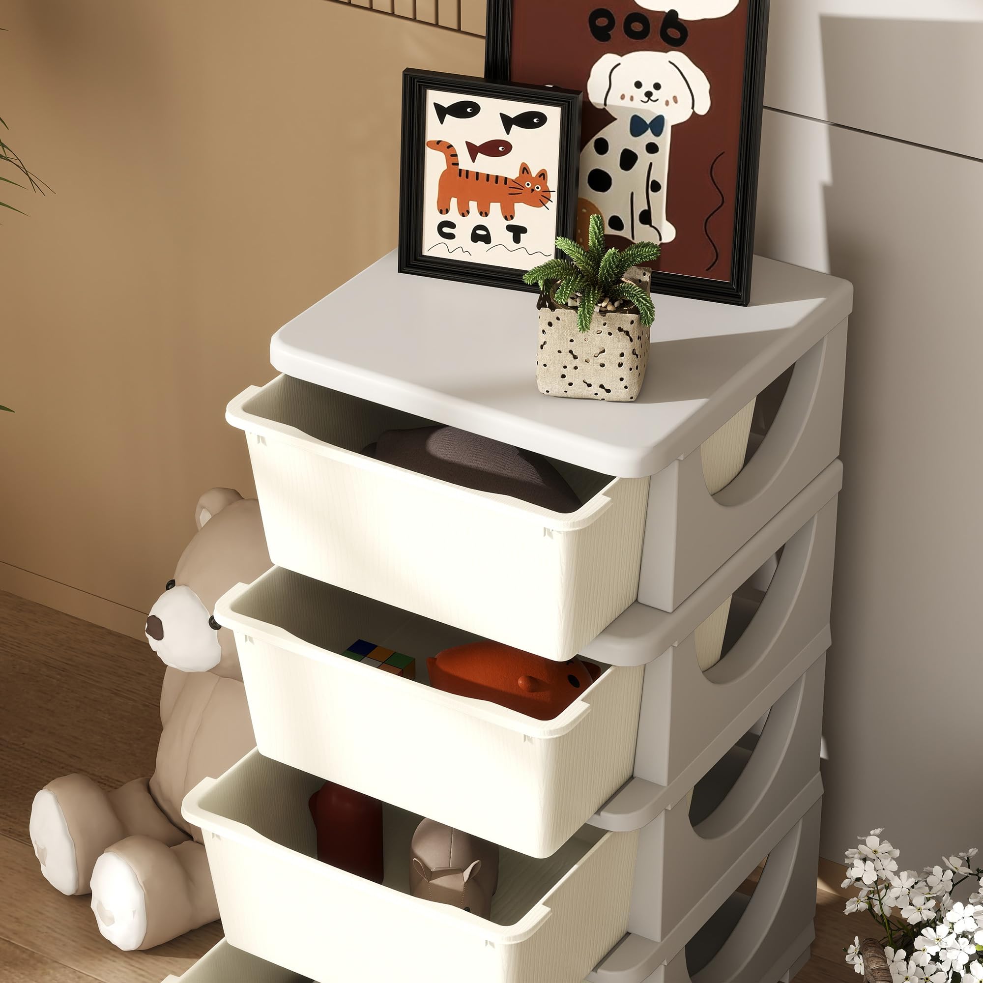 HOMCOM Schubladenschrank für Kinder mit Stauraum Aufbewahrungsboxen Spielzeug-Organizer Spielzeugkiste vier Ebenen für Kinderzimmer 3-6 Jahre Kindermöbel Cremeweiß 37 x 37 x 76 cm