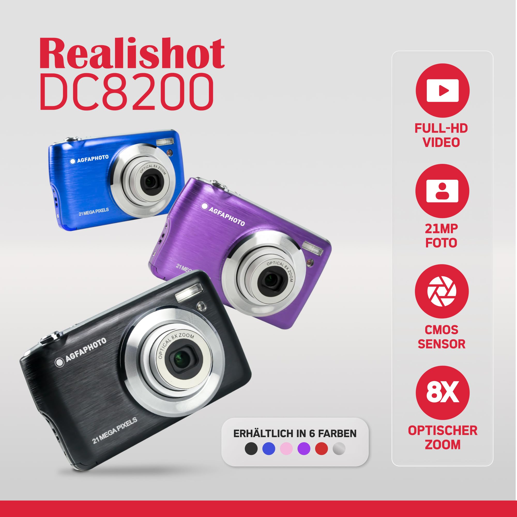 AGFA Photo Realishot DC8200 - Kompaktkamera, 18MP, Full HD Video, 2,7'' LCD-Bildschirm, 8-facher optischer Zoom, Lithium-Batterie und 16GB SD-Karte - Schwarz