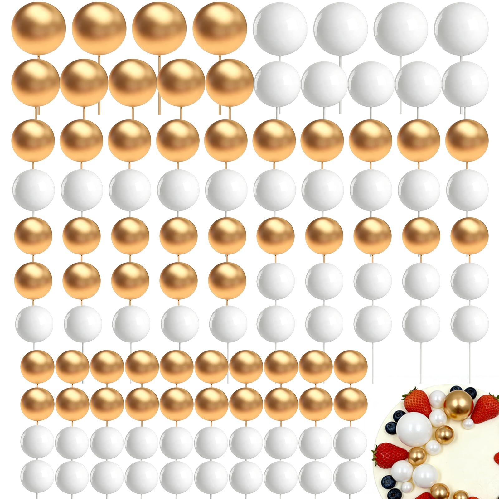 108Pcs Round Ball Cake Toppers, Gold Mini Foam Balloon Cake Topper, DIY Cake Insert Topper for Birthday Wedding Christmas Party Baby Shower (Gold White)