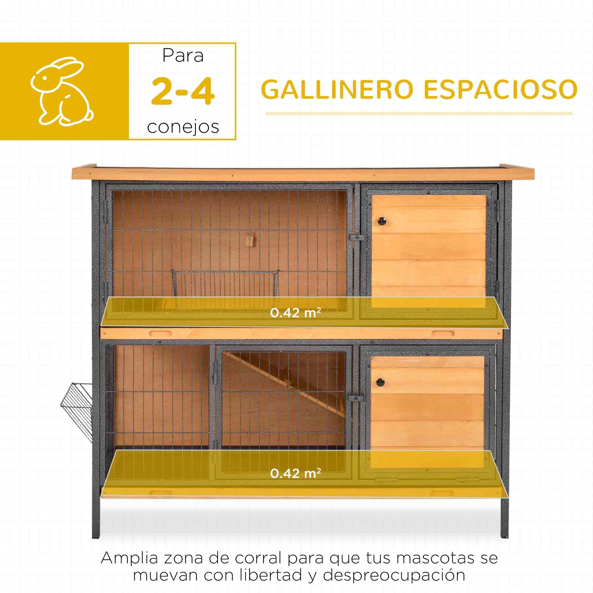 PawHut Conejera de Madera de 2 Niveles Jaula para Conejos con Techo Asfáltico Abatible Puertas con Pestillo Bandejas Extraíbles y Rampa Conejera para Exterior 122x50x101 cm Natural y Negro
