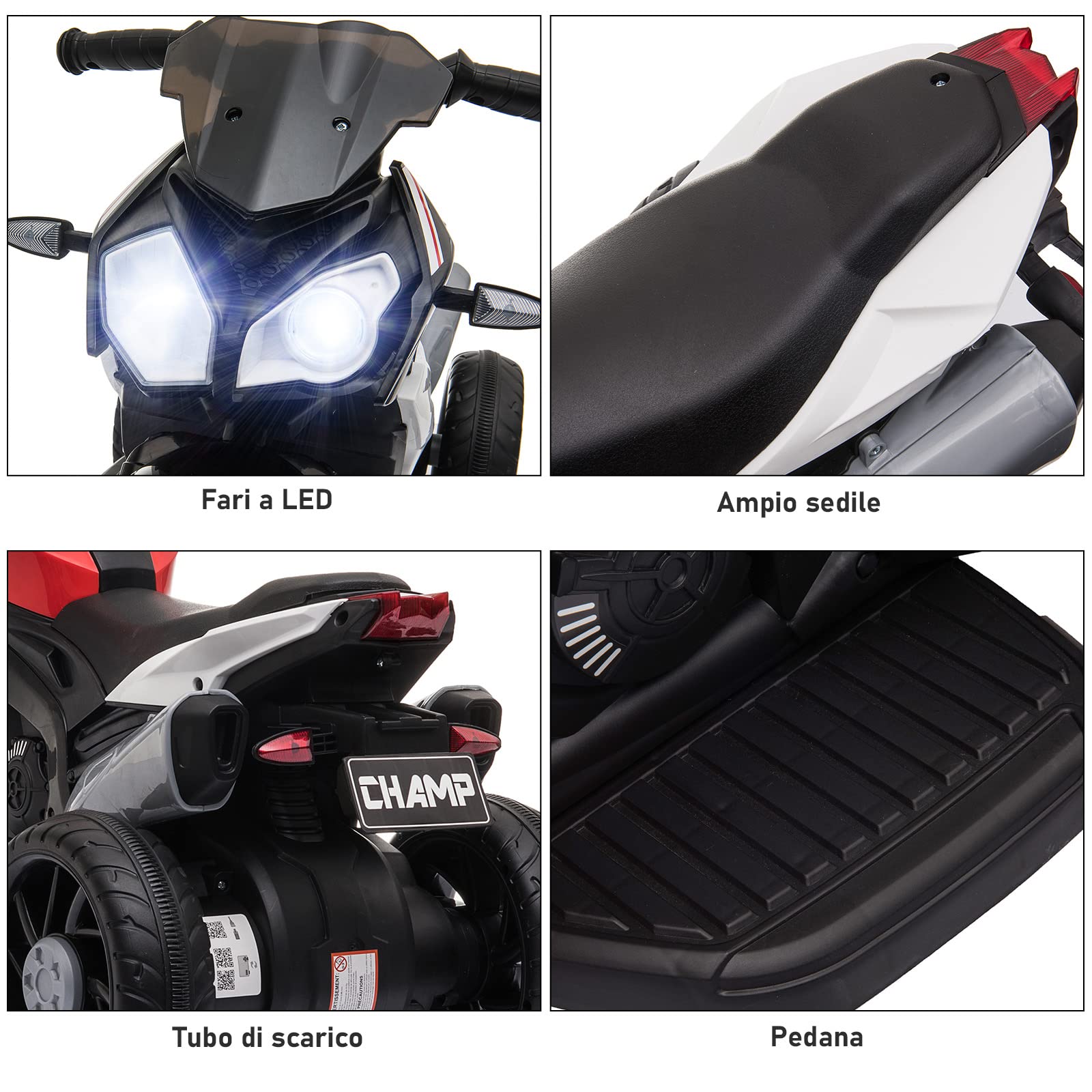 HOMCOM Moto Elettrica per Bambini 3-5 Anni Max. 25kg con Luci, Musica, Batteria 6V e Velocità 3km/h, 86x42x52 cm, Rossa
