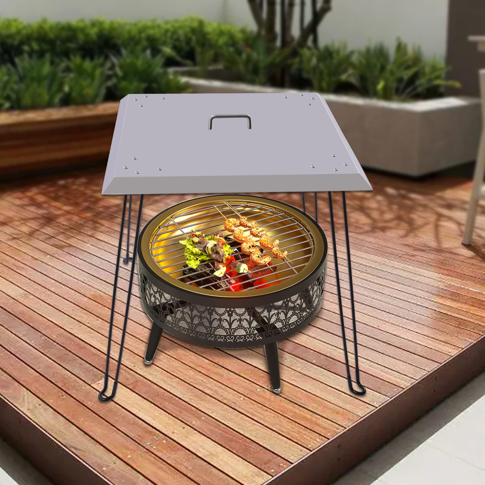 24 X 24 X 24 Inch Fire Pit Heat Deflector,Stainless Steel Square Fire Pit Burner Cover to Push Heat Down & Out,with Foldable Legs/Carrying Handle,Picnics Adventures.