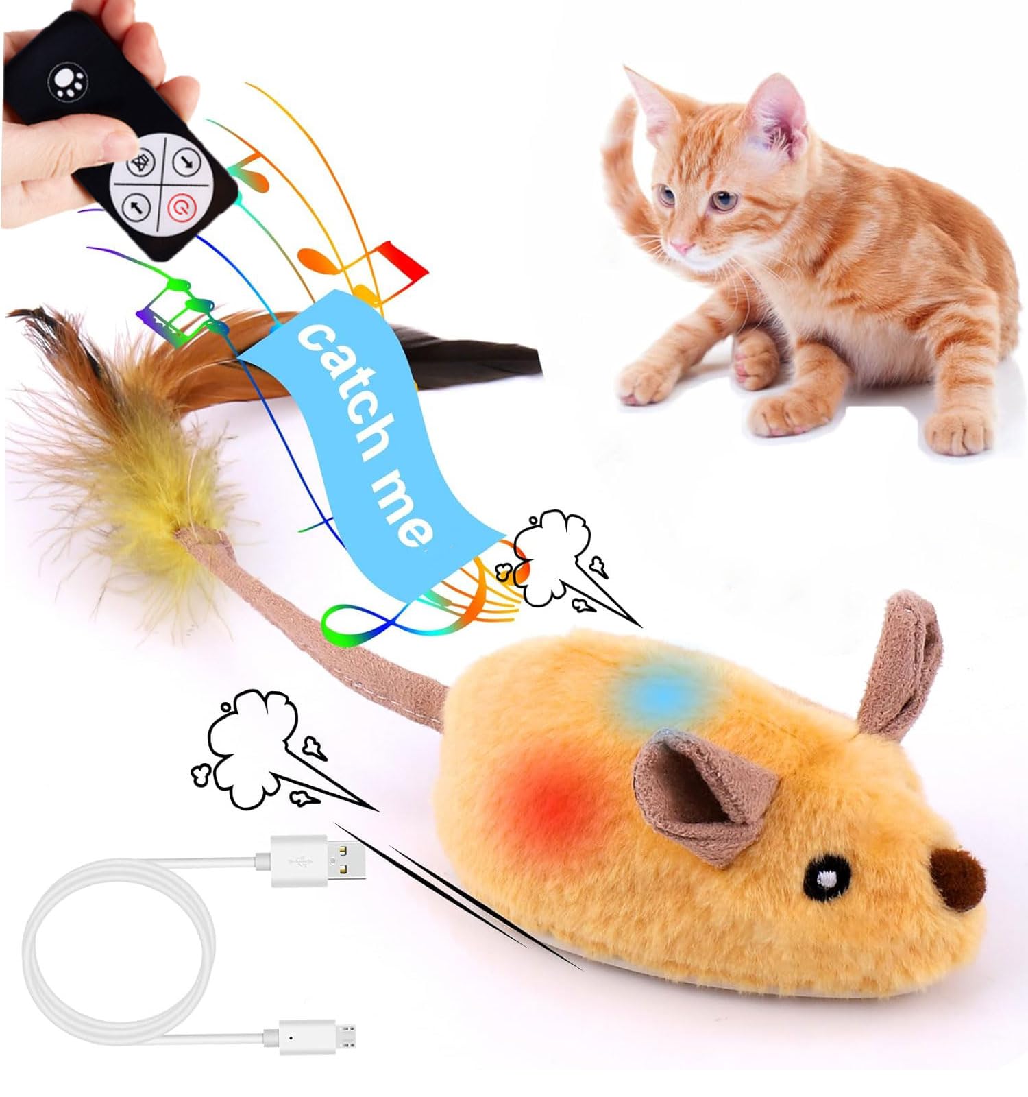 Mimiblack Remote Control Rat Toy for cats, Electronic RC Mouse Toy Emulation Flocking Rat Toy,Moving Mice Interactive Toy for cat kitten Dog Kid indoor/outdoor Exercise, USB Rachargeable(Yellow)