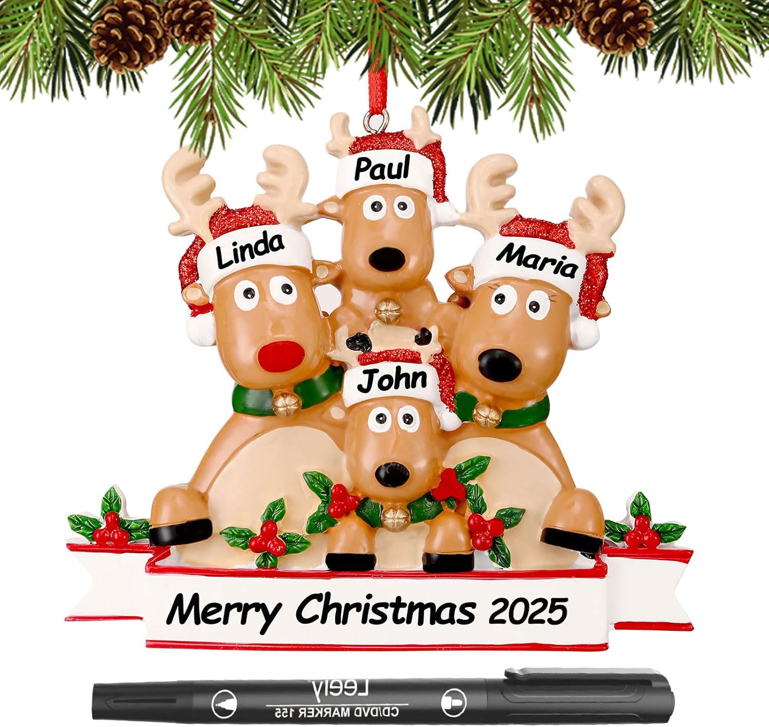 Personalized Christmas Ornaments 2025 Family of 2/3/4/5/6 Reindeer Custom Christmas Ornament with Names Customized Family Ornaments for Christmas Tree Decoration Customized Gifts, Reindeer Family of 4