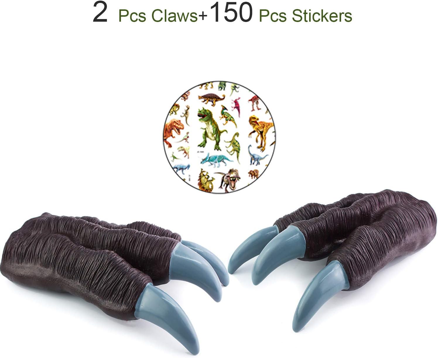 2Pcs Dinosaur Claws + 150Pcs Dinosaur Stickers，Dinosaur Toys for Dinosaur Party Supplies,Dinosaur Toys for Kids and Adult (Brown)