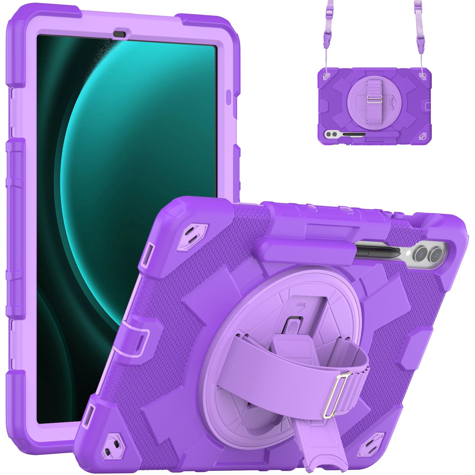 Custodia per tablet per Samsung Galaxy Tab S9 FE+ da 12,4", custodia antiurto in silicone resistente con portapenne, tracolla, supporto pieghevole girevole, cinturino da polso