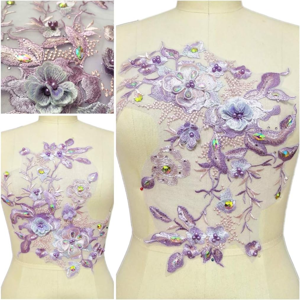 Rhinestone Pearl 3D Embroidery Lace Applique Motif Sewing of Lining Fabric Blouse Lace Patches Wedding Dress Accessories (Color B)