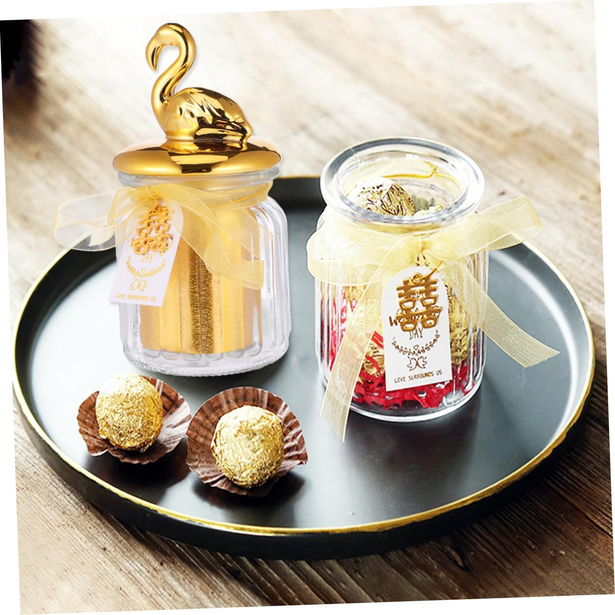 Ceramic Candy Jar with Glass Lid and Gold-tone Closure, Flamingo Animal Design Candy Storage Can for Wedding Party Favors and Event Snacks Container