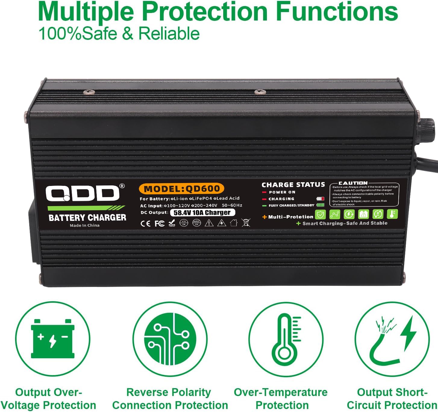QDD Chargeur de Batterie 58,4 V 10 A Chargeur de Batterie 48 V LiFePO4 pour Pack de Batterie 16 S 48 V LiFePO4 Chargeur Intelligent Complet avec Connecteur à Pince Crocodile