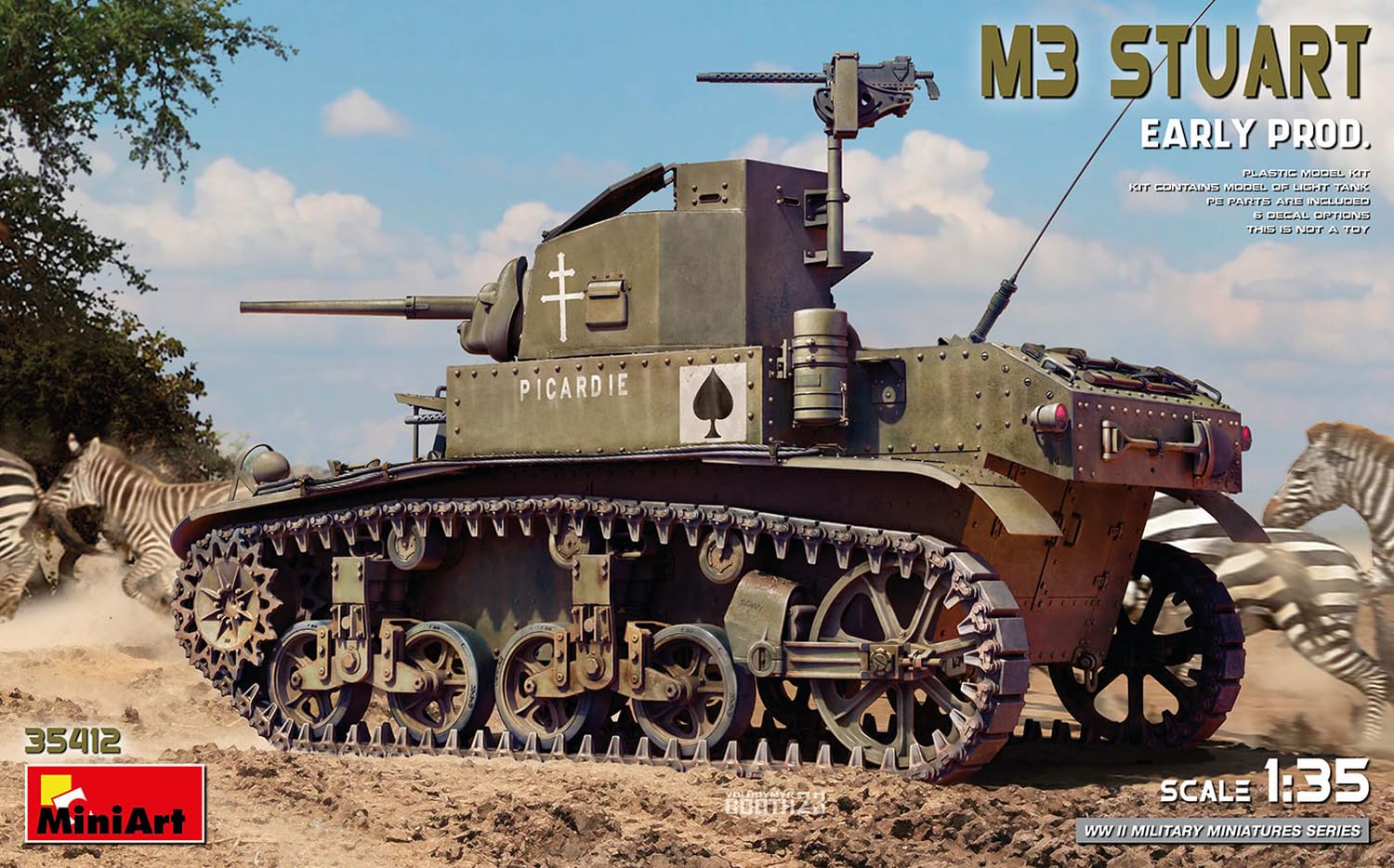 Mini Art 35412 1:35 M3 Stuart. Wczesna produkcja - wierna replika, modelarstwo, plastikowy zestaw do budowania, majsterkowanie, hobby, klejenie, zestaw modelarski, montaż, nielakierowany